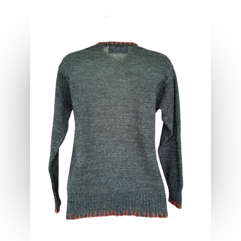 Vintage 70s Womens Gray Embroidered Floral V Neck Sweater Medium Cottagecore - Picture 8 of 12